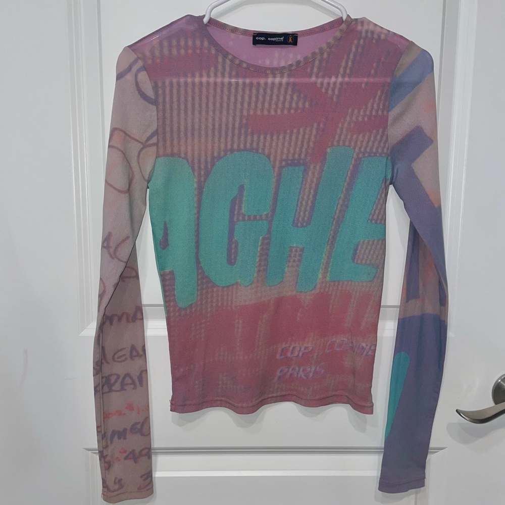 Cop copine pink blue letters art graphic long sleeve mesh top archive